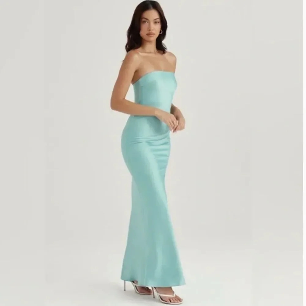 HOUSE OF CB 'Alette' Jade Satin Teal Strapless Maxi Dress NWOT size L - Picture 10 of 14